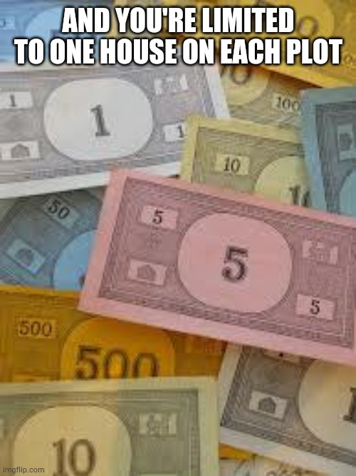 Monopoly Money | AND YOU'RE LIMITED TO ONE HOUSE ON EACH PLOT | image tagged in monopoly money | made w/ Imgflip meme maker