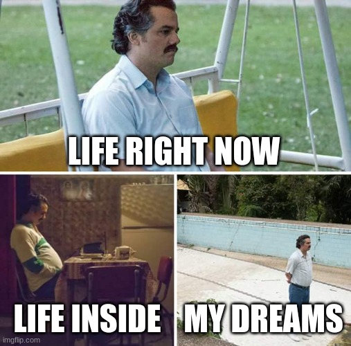 Sad Pablo Escobar | LIFE RIGHT NOW; LIFE INSIDE; MY DREAMS | image tagged in memes,sad pablo escobar | made w/ Imgflip meme maker