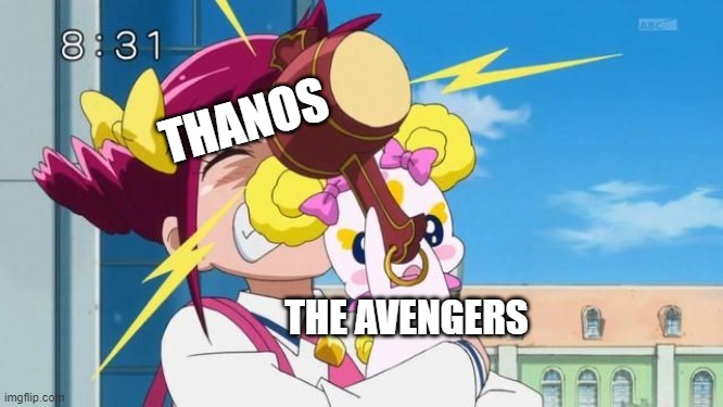 Avengers Endgame in a Nutshell | THANOS; THE AVENGERS | image tagged in candy's revenge,avengers,smile precure,memes,avengers endgame,funny | made w/ Imgflip meme maker
