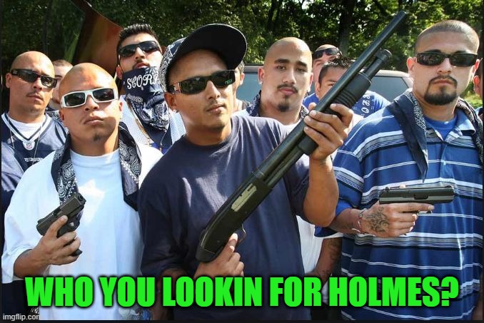 gangs | WHO YOU LOOKIN FOR HOLMES? | image tagged in gangs | made w/ Imgflip meme maker