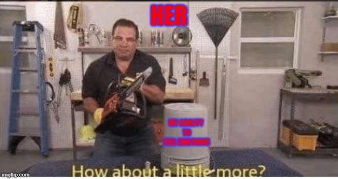 Phil Swift How about a little more | HER MY ABILITY 
TO FEEL EMOTIONS | image tagged in phil swift how about a little more | made w/ Imgflip meme maker