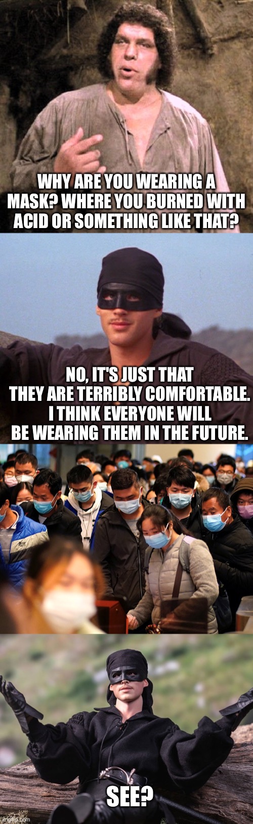 1987 to 2020 | WHY ARE YOU WEARING A MASK? WHERE YOU BURNED WITH ACID OR SOMETHING LIKE THAT? NO, IT'S JUST THAT THEY ARE TERRIBLY COMFORTABLE. I THINK EVERYONE WILL BE WEARING THEM IN THE FUTURE. SEE? | image tagged in princess bride,covid-19,memes | made w/ Imgflip meme maker