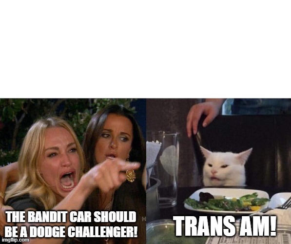 Challenger VS Trans Am | TRANS AM! THE BANDIT CAR SHOULD BE A DODGE CHALLENGER! | image tagged in two woman yelling at a cat,smokey and the bandit | made w/ Imgflip meme maker