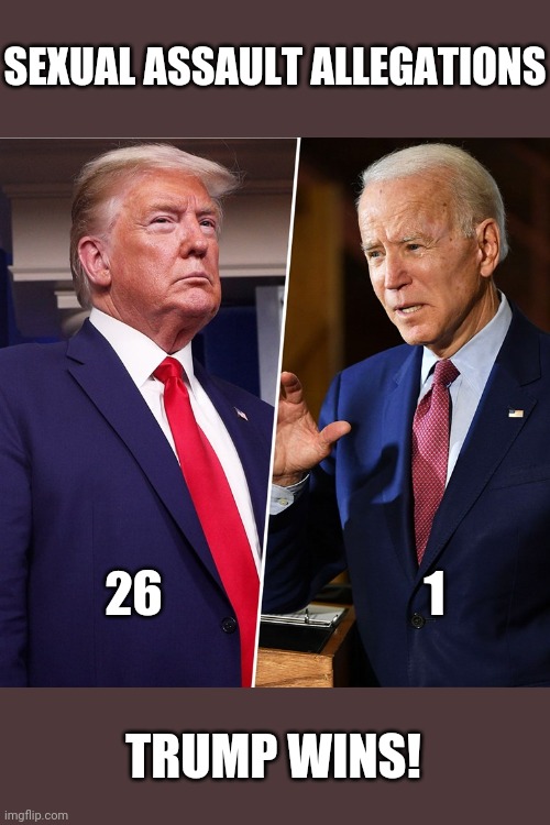 And humanity loses | SEXUAL ASSAULT ALLEGATIONS; 26                           1; TRUMP WINS! | image tagged in trump biden | made w/ Imgflip meme maker