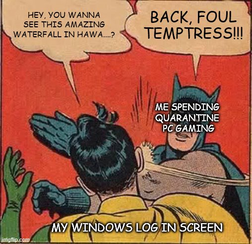 Now go back to the space stuff! | HEY, YOU WANNA SEE THIS AMAZING WATERFALL IN HAWA....? BACK, FOUL TEMPTRESS!!! ME SPENDING 
QUARANTINE 
PC GAMING; MY WINDOWS LOG IN SCREEN | image tagged in memes,batman slapping robin,covid-19,coronavirus,self isolation,quarantine | made w/ Imgflip meme maker