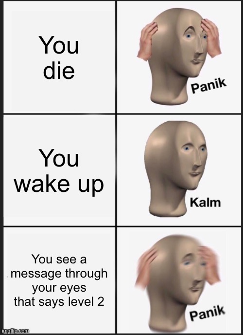 Panik Kalm Panik | You die; You wake up; You see a message through your eyes that says level 2 | image tagged in memes,panik kalm panik | made w/ Imgflip meme maker