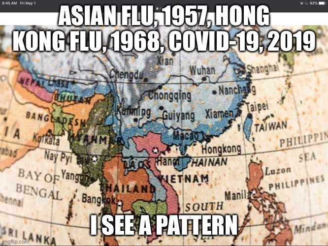 The pattern of pandemics | ASIAN FLU, 1957, HONG KONG FLU, 1968, COVID-19, 2019; I SEE A PATTERN | image tagged in coronavirus meme | made w/ Imgflip meme maker