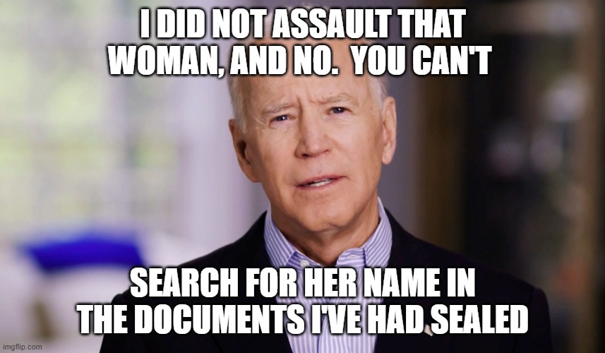 Can't look at anything that might have information about his political life...because it might be used against him...smh | I DID NOT ASSAULT THAT WOMAN, AND NO.  YOU CAN'T; SEARCH FOR HER NAME IN THE DOCUMENTS I'VE HAD SEALED | image tagged in joe biden 2020,politics,political meme,ConservativeMemes | made w/ Imgflip meme maker
