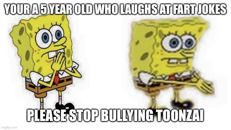 Seriously, stop. Why are you doing this? | YOUR A 5 YEAR OLD WHO LAUGHS AT FART JOKES; PLEASE STOP BULLYING TOONZAI | image tagged in spongebob boi | made w/ Imgflip meme maker