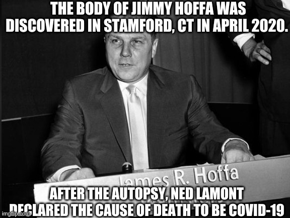 Jimmy Hoffa | THE BODY OF JIMMY HOFFA WAS DISCOVERED IN STAMFORD, CT IN APRIL 2020. AFTER THE AUTOPSY, NED LAMONT DECLARED THE CAUSE OF DEATH TO BE COVID-19 | image tagged in jimmy hoffa | made w/ Imgflip meme maker