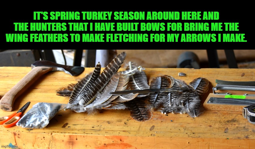 turkey season | IT'S SPRING TURKEY SEASON AROUND HERE AND THE HUNTERS THAT I HAVE BUILT BOWS FOR BRING ME THE WING FEATHERS TO MAKE FLETCHING FOR MY ARROWS I MAKE. | image tagged in flechting,arrows,archery | made w/ Imgflip meme maker