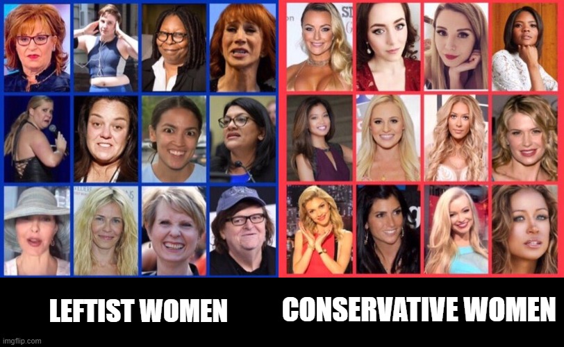 LEFTIST WOMEN CONSERVATIVE WOMEN | image tagged in conservative women,leftist women | made w/ Imgflip meme maker