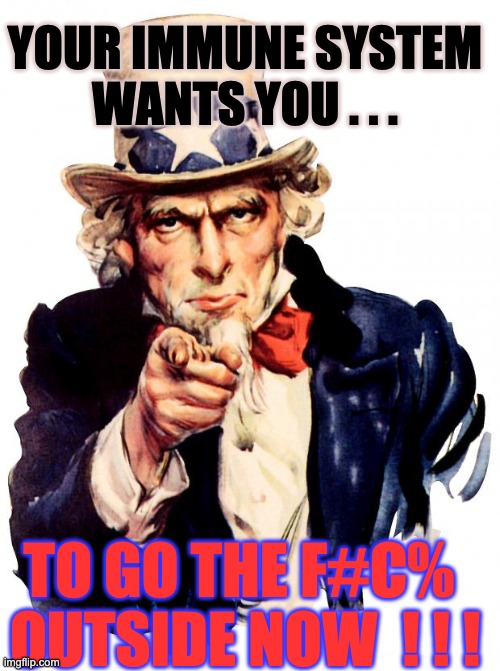 immune system | YOUR IMMUNE SYSTEM
WANTS YOU . . . TO GO THE F#C% 
OUTSIDE NOW  ! ! ! | image tagged in memes,uncle sam | made w/ Imgflip meme maker