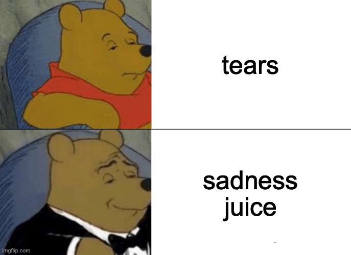 Upvote this if you would call tears that. :D | tears; sadness juice | image tagged in memes,tuxedo winnie the pooh | made w/ Imgflip meme maker