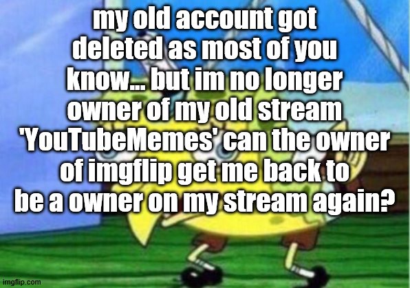 i need help imgflip gods.... | my old account got deleted as most of you know... but im no longer owner of my old stream 'YouTubeMemes' can the owner of imgflip get me back to be a owner on my stream again? | image tagged in memes,mocking spongebob,cool,imgflip gods help | made w/ Imgflip meme maker