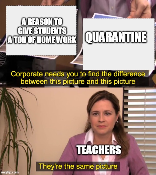 there the same picture | A REASON TO GIVE STUDENTS A TON OF HOME WORK; QUARANTINE; TEACHERS | image tagged in there the same picture | made w/ Imgflip meme maker