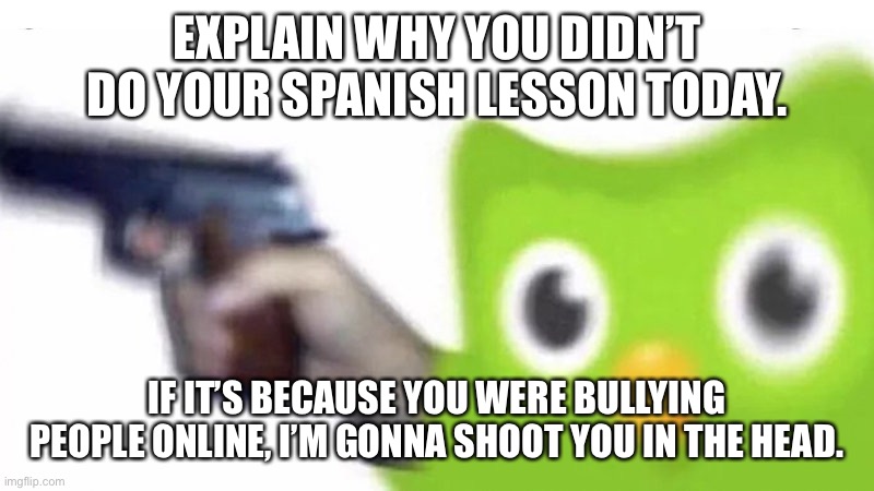 Duolingo has a message for you fake Toonzai | EXPLAIN WHY YOU DIDN’T DO YOUR SPANISH LESSON TODAY. IF IT’S BECAUSE YOU WERE BULLYING PEOPLE ONLINE, I’M GONNA SHOOT YOU IN THE HEAD. | image tagged in duolingo gun | made w/ Imgflip meme maker