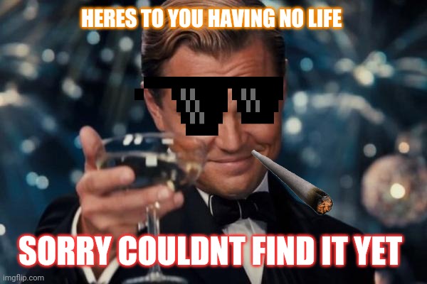 Leonardo Dicaprio Cheers | HERES TO YOU HAVING NO LIFE; SORRY COULDNT FIND IT YET | image tagged in memes,leonardo dicaprio cheers | made w/ Imgflip meme maker