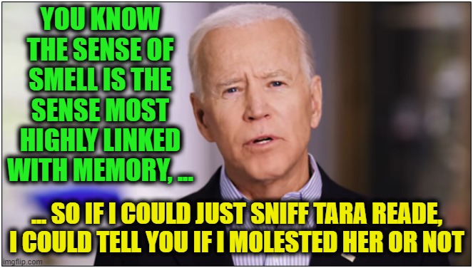 No, THAT'S not creepy, Joe. | YOU KNOW THE SENSE OF SMELL IS THE SENSE MOST HIGHLY LINKED WITH MEMORY, ... ... SO IF I COULD JUST SNIFF TARA READE, I COULD TELL YOU IF I MOLESTED HER OR NOT | image tagged in memes,funny memes,funny,mxm,ConservativeMemes | made w/ Imgflip meme maker