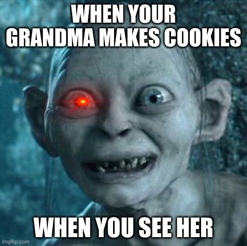 Gollum | WHEN YOUR GRANDMA MAKES COOKIES; WHEN YOU SEE HER | image tagged in memes,gollum | made w/ Imgflip meme maker