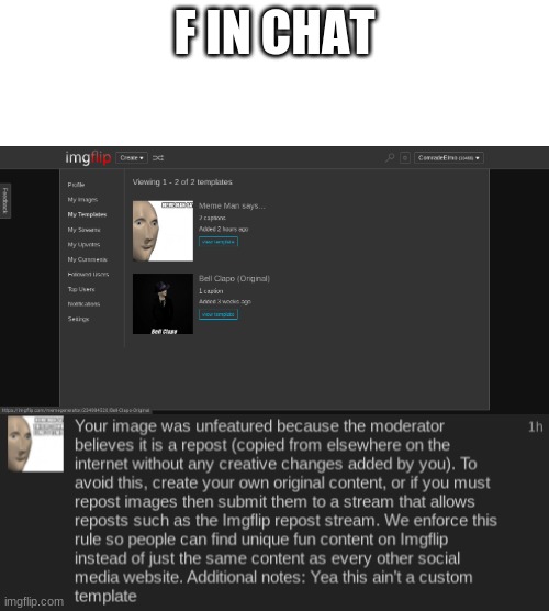 F IN CHAT | image tagged in blank white template | made w/ Imgflip meme maker
