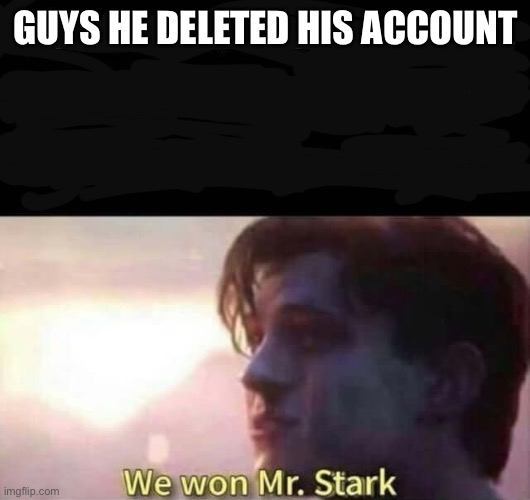 We won Mr. Stark | GUYS HE DELETED HIS ACCOUNT | image tagged in we won mr stark | made w/ Imgflip meme maker
