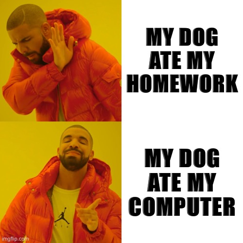 Drake Hotline Bling Meme | MY DOG ATE MY HOMEWORK; MY DOG ATE MY COMPUTER | image tagged in memes,drake hotline bling | made w/ Imgflip meme maker