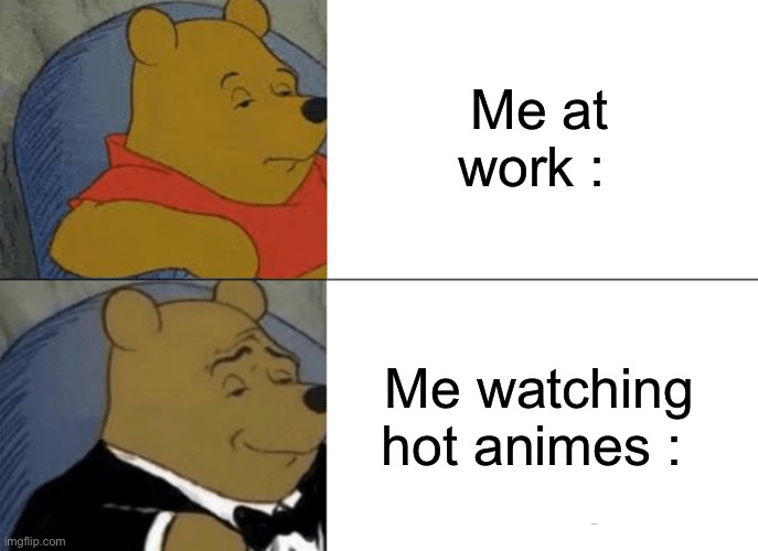 Me | Me at work :; Me watching hot animes : | image tagged in memes,tuxedo winnie the pooh | made w/ Imgflip meme maker