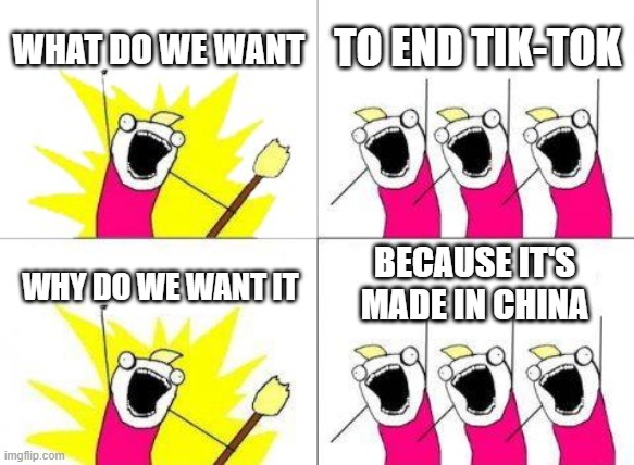 What Do We Want | WHAT DO WE WANT; TO END TIK-TOK; BECAUSE IT'S MADE IN CHINA; WHY DO WE WANT IT | image tagged in memes,what do we want,made in china,funny | made w/ Imgflip meme maker