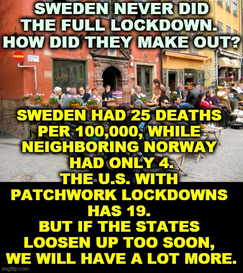 Lockdowns work. | SWEDEN NEVER DID THE FULL LOCKDOWN. 
HOW DID THEY MAKE OUT? SWEDEN HAD 25 DEATHS 
PER 100,000, WHILE 
NEIGHBORING NORWAY 
HAD ONLY 4.
THE U.S. WITH 
PATCHWORK LOCKDOWNS 
HAS 19. 
BUT IF THE STATES 
LOOSEN UP TOO SOON, 
WE WILL HAVE A LOT MORE. | image tagged in coronavirus,covid-19,lockdown,life,health,protection | made w/ Imgflip meme maker