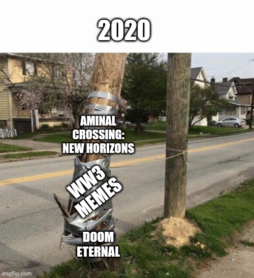 Pole Held With Duct Tape | 2020; AMINAL CROSSING: NEW HORIZONS; WW3 MEMES; DOOM ETERNAL | image tagged in pole held with duct tape | made w/ Imgflip meme maker