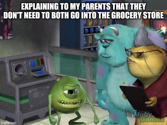 Mike wazowski trying to explain | EXPLAINING TO MY PARENTS THAT THEY DON'T NEED TO BOTH GO INTO THE GROCERY STORE | image tagged in mike wazowski trying to explain | made w/ Imgflip meme maker