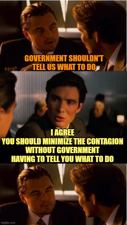 If you need to work, then work but don't pretend the virus is a hoax | GOVERNMENT SHOULDN'T TELL US WHAT TO DO; I AGREE
YOU SHOULD MINIMIZE THE CONTAGION WITHOUT GOVERNMENT HAVING TO TELL YOU WHAT TO DO | image tagged in common sense,do your part,don't politicize a virus,take precautions,stay safe | made w/ Imgflip meme maker