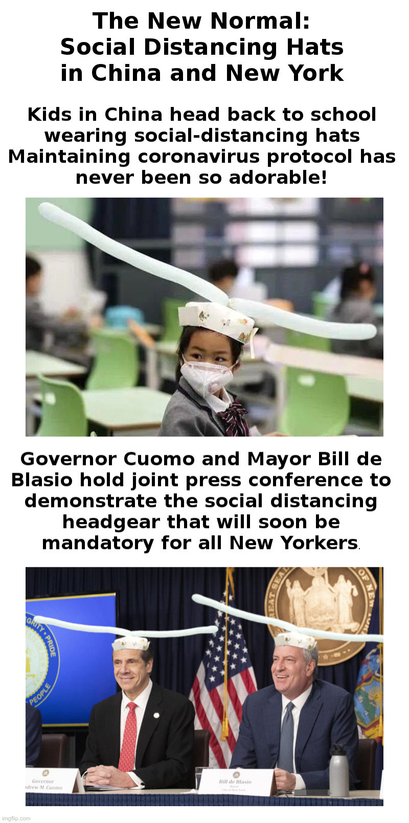 The New Normal: Social Distancing Hats in China and New York | image tagged in china,new york,hats,andrew cuomo,deblasio,coronavirus | made w/ Imgflip meme maker