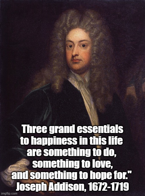 Three grand essentials to happiness in this life 
are something to do, 
something to love, and something to hope for." 
Joseph Addison, 1672 | made w/ Imgflip meme maker