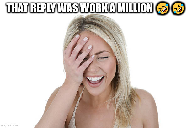 Laughing woman | THAT REPLY WAS WORK A MILLION ?? | image tagged in laughing woman | made w/ Imgflip meme maker