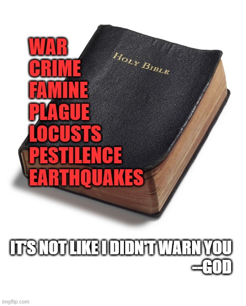 Looks like the end of days to me | WAR
CRIME
FAMINE
PLAGUE
LOCUSTS
PESTILENCE
EARTHQUAKES; IT'S NOT LIKE I DIDN'T WARN YOU
--GOD | image tagged in bible,end of world,prophesies,holy bible,last days | made w/ Imgflip meme maker