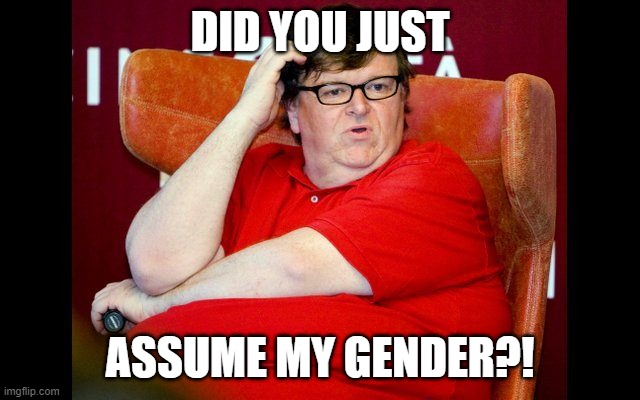 Michael Moore fat | DID YOU JUST ASSUME MY GENDER?! | image tagged in michael moore fat | made w/ Imgflip meme maker