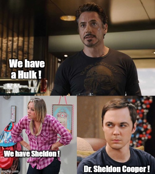 We have a Hulk ! We have Sheldon ! Dr. Sheldon Cooper ! | image tagged in funny,sheldon cooper,the big bang theory,tony stark | made w/ Imgflip meme maker