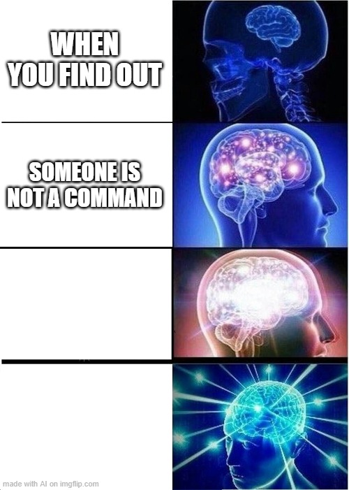 Someone is not a command | WHEN YOU FIND OUT; SOMEONE IS NOT A COMMAND | image tagged in memes,expanding brain | made w/ Imgflip meme maker
