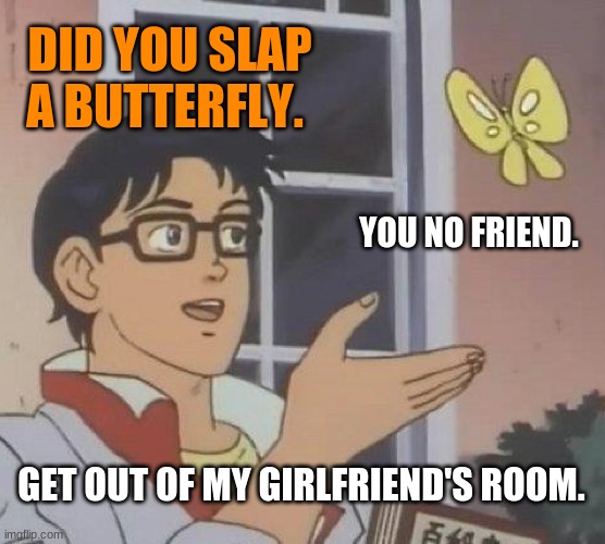 of your grilfriends. room. | DID YOU SLAP A BUTTERFLY. YOU NO FRIEND. GET OUT OF MY GIRLFRIEND'S ROOM. | image tagged in memes,is this a pigeon | made w/ Imgflip meme maker