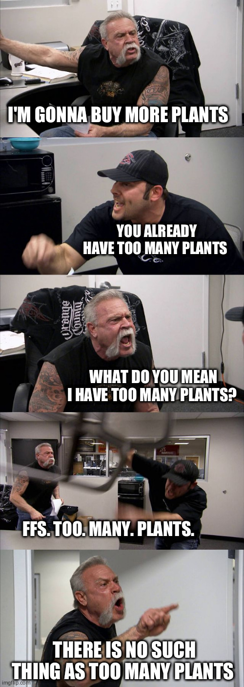 Too many plants? | I'M GONNA BUY MORE PLANTS; YOU ALREADY HAVE TOO MANY PLANTS; WHAT DO YOU MEAN I HAVE TOO MANY PLANTS? FFS. TOO. MANY. PLANTS. THERE IS NO SUCH THING AS TOO MANY PLANTS | image tagged in memes,american chopper argument,plants,gardening | made w/ Imgflip meme maker