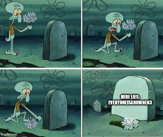 it's just sad |  HERE LIES: EVERYONEISANOWNER3 | image tagged in here lies squidward dreams | made w/ Imgflip meme maker