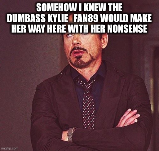 Robert Downey Jr Annoyed | SOMEHOW I KNEW THE DUMBASS KYLIE_FAN89 WOULD MAKE HER WAY HERE WITH HER NONSENSE | image tagged in robert downey jr annoyed | made w/ Imgflip meme maker