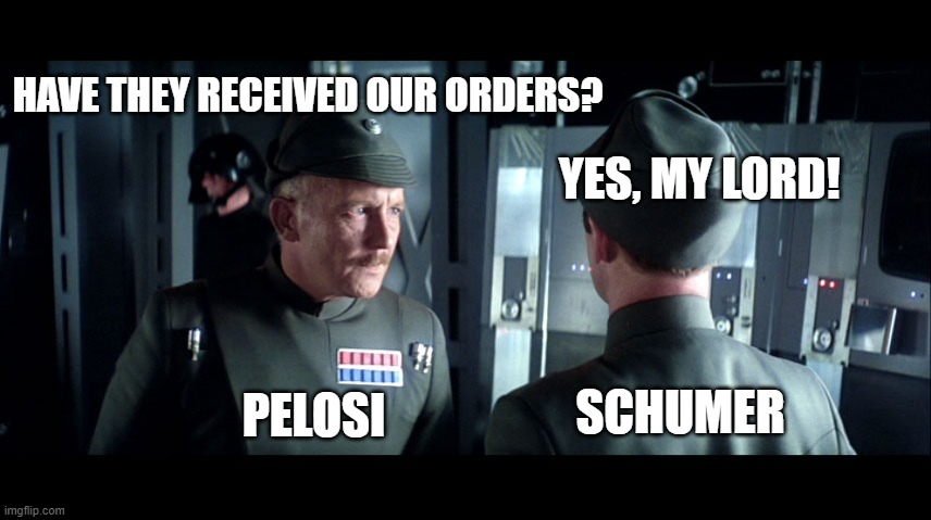 Star Wars Imperial Officers | HAVE THEY RECEIVED OUR ORDERS? YES, MY LORD! SCHUMER PELOSI | image tagged in star wars imperial officers | made w/ Imgflip meme maker