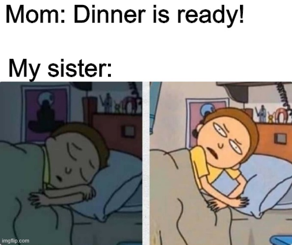 SISTER WAKE UP | Mom: Dinner is ready! My sister: | image tagged in siblings,rick and morty | made w/ Imgflip meme maker