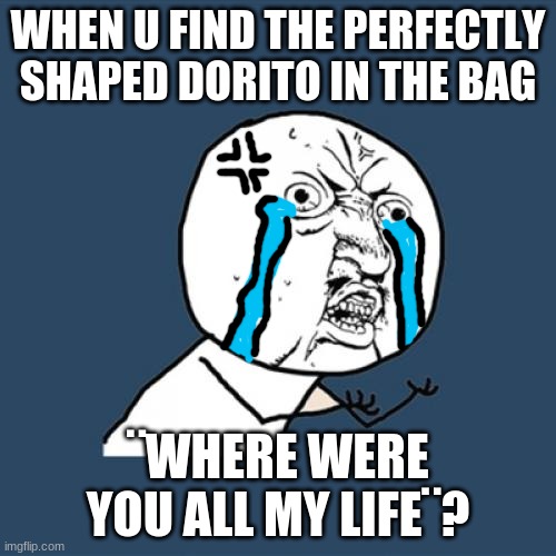 Food is Delicious in many ways | WHEN U FIND THE PERFECTLY SHAPED DORITO IN THE BAG; ¨WHERE WERE YOU ALL MY LIFE¨? | image tagged in memes,y u no | made w/ Imgflip meme maker