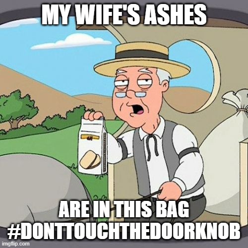 Another One Bites the Dust #Corona | MY WIFE'S ASHES; ARE IN THIS BAG
#DONTTOUCHTHEDOORKNOB | image tagged in memes,pepperidge farm remembers,corona virus,covid-19,germaphobia,germs | made w/ Imgflip meme maker