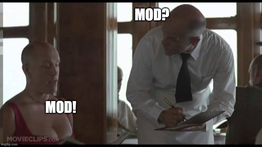 Being Mod | MOD? MOD! | image tagged in malkovich | made w/ Imgflip meme maker