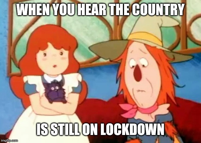 The Wonderful Wizard of Oz-COVID-19 | WHEN YOU HEAR THE COUNTRY; IS STILL ON LOCKDOWN | image tagged in the wizard of oz,covid-19 | made w/ Imgflip meme maker